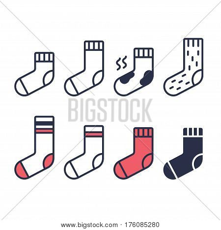 Socks line icons set. Different type of length color and material. Simple geometric vector symbols.
