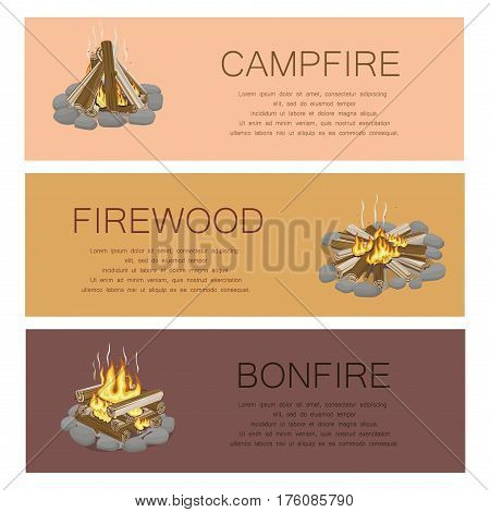 Campfire firewood and bonfire colorful poster. Vector collection of touristic fire with flame kinds pictures with frame of grey stones, burning flame and wooden logs. Burning bonfire template