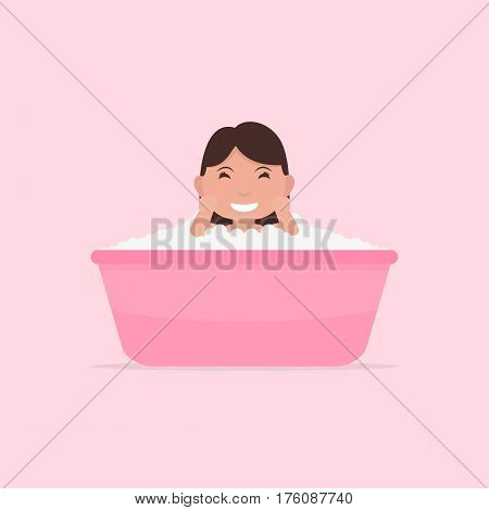Vector illustration of a cartoon little baby bathes in a small bath. Flat design. Child girl in foam and blisters is sitting in the bathroom.