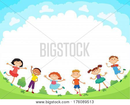 children are jumping on the glade, bunner cartoon funny vector, Ready for your message. blank template character. illustration