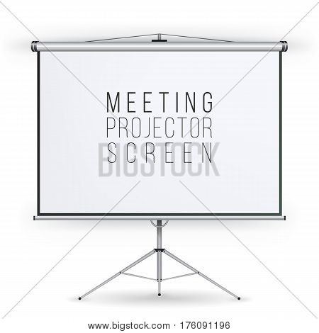 Meeting Projector Screen Vector. Presentation Bblank Whiteboard. Realistic Standing Tripod Projector For Seminar