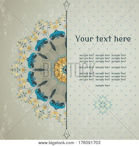 Vector card. Round vector floral pattern on vintage plaster background. Hosta plant. Place for your text. Perfect for invitations announcement or greetings.
