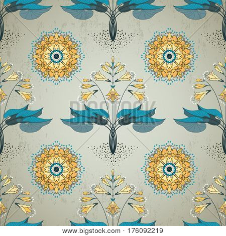 Seamless vector background. Floral pattern in modern style. Hosta plant on vintage plaster background.
