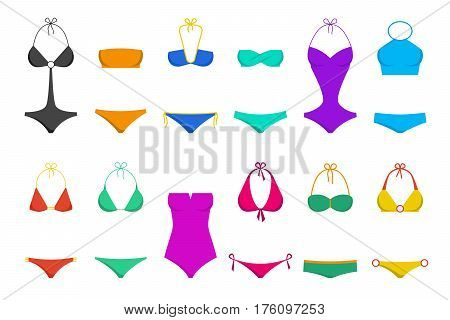 Vector illustration of women's colorful swimsuit design set. Fashion bikini collection. Female stylish swimwear silhouettes isolated. Flat beach clothing underwear