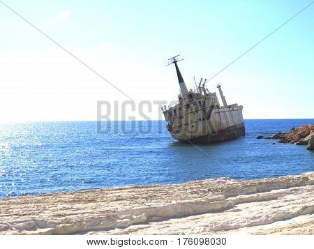 The Edro III Shipwreck off the west coast of Paphos, Cyprus, near the Sea Caves.