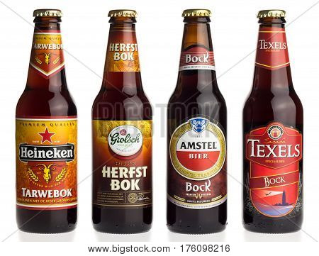 GRONINGEN, NETHERLANDS - MARCH 10, 2017: Selection of dutch Bock beers isolated on a white background