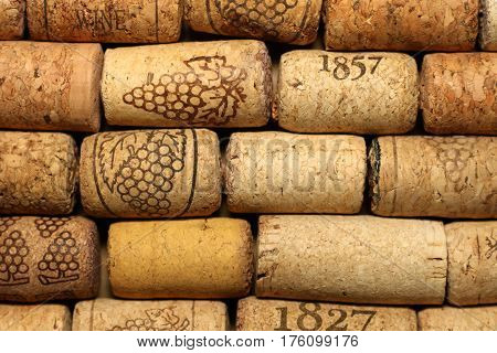 Closeup pattern background of many different wine corks, wine corks background, different wine corks texture