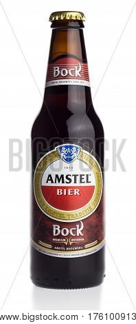 GRONINGEN, NETHERLANDS - MARCH 10, 2017: Bottle of dutch Amstel Bock beer isolated on a white background