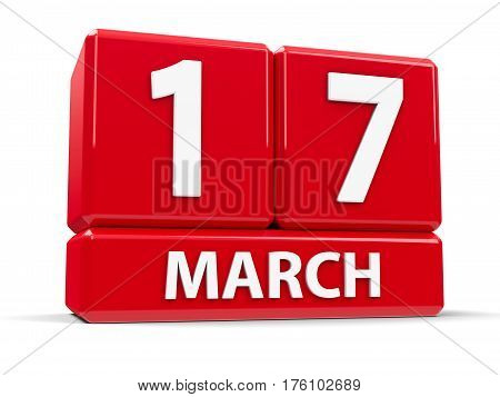 Red cubes - The Seventeenth of March - on a white table - St. Patrick's Day three-dimensional rendering 3D illustration