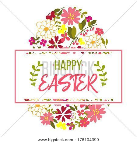 Happy Easter lettering. Easter Egg decorated with different floral elements pattern. Holiday design isolated on white background. Vector illustration.
