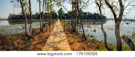 Mysterious wooden path towards Neak Pean Temple on artificial island in Angkor Complex, Siem Reap, Cambodia. Ancient Khmer architecture famous Cambodian landmark World Heritage