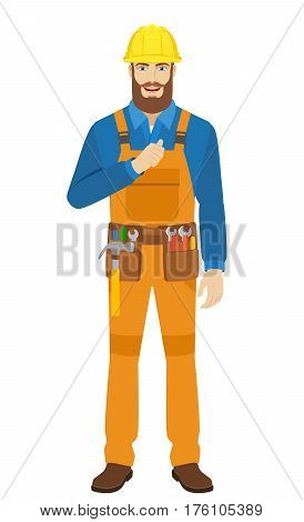 Worker pointing the finger at yourself. Self-promotion. Full length portrait of worker in a flat style. Vector illustration.