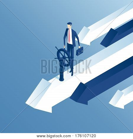 Businessman at the helm of rides on the arrow. An employee flies on top arrow isometric illustration. Business concept of control and right direction