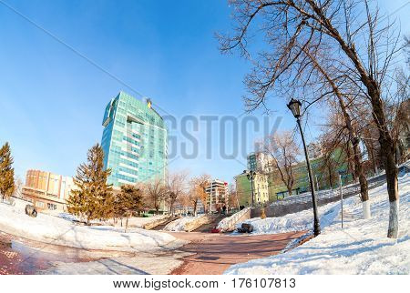 SAMARA RUSSIA - MARCH 12 2017: Fisheye view of the office building of the OJSC Samaraneftegaz - unit of Russian oil company Rosneft in Samara Russia