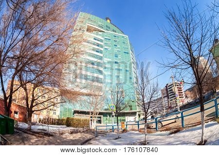 SAMARA RUSSIA - MARCH 12 2017: Fisheye view of the office building of the OJSC Samaraneftegaz - unit of Russian oil company Rosneft in Samara Russia