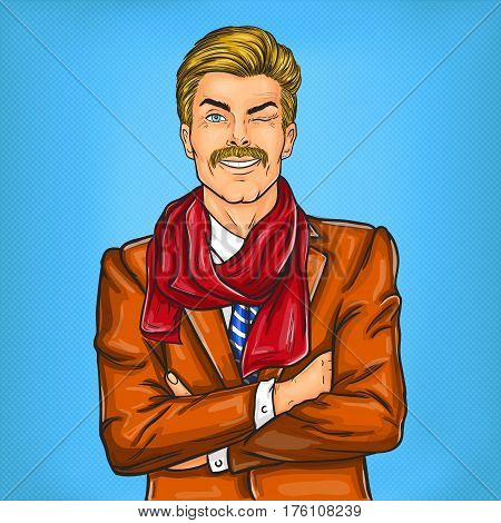 illustration of a confident pop art hipster man winking eye