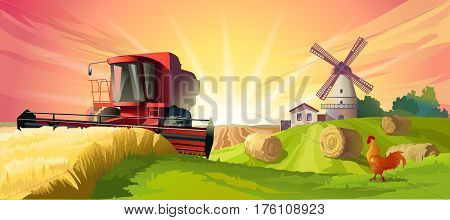 illustration rural summer landscape with a windmill and combine harvester in the foreground
