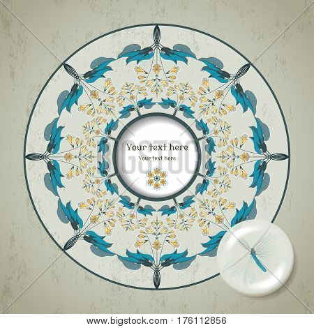 Vector card. Round floral pattern on vintage plaster background. Hosta plant. Decoration in the form of a lens with a lacewing inside. Frame for your text.
