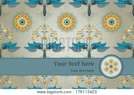 Vector card. Seamless floral pattern in modern style. Hosta plant on vintage plaster background. Place for your text. Perfect for invitations announcement or greetings.