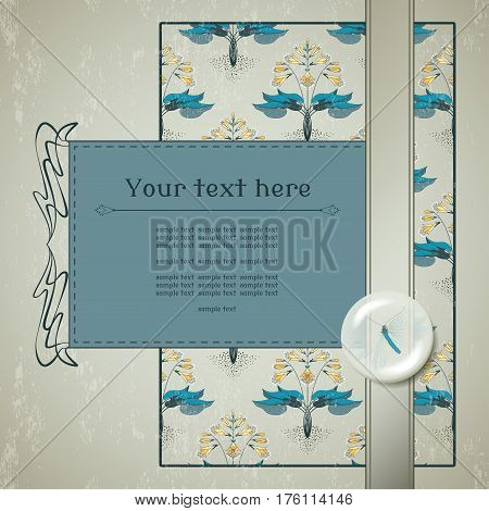Vector card. Floral hosta pattern on vintage plaster background. Decoration in the form of a lens with a lacewing inside. Place for your text.