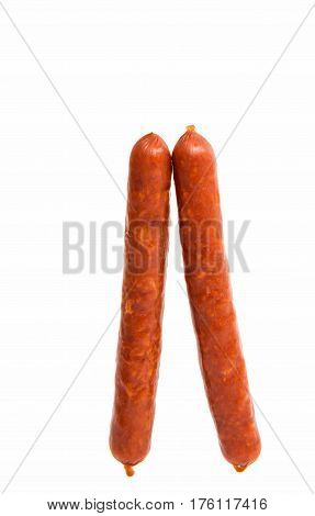 dried sausages pork salami on white background