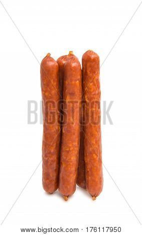 dried sausages pork salami on white background