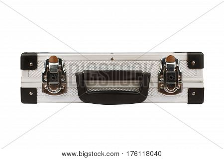 horizontal front view of closed silver metal aluminum security suitcase isolated on white background