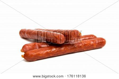 dried sausages pork salami on white background