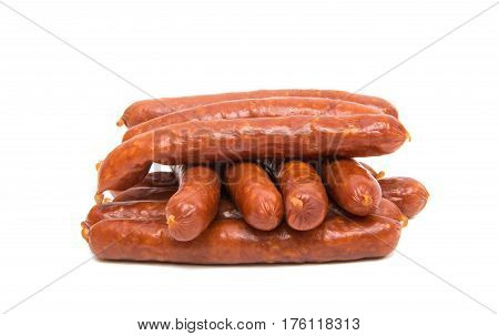 dried sausages pork salami on white background