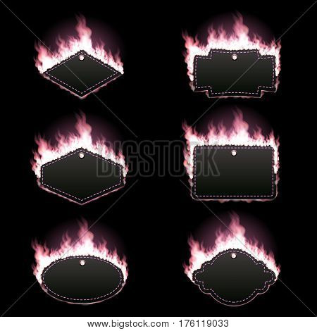 Set of six frames of different shapes with text space surrounded with realistic pink flame isolated on black background. Burning fire light effect. Bonfire elements. Gradient mesh vector illustration