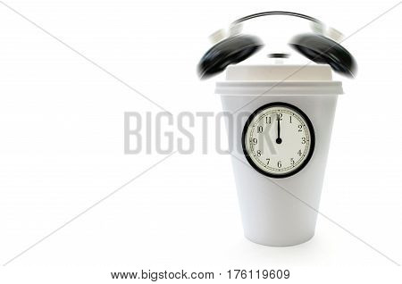 Taking a break concept with clock face and ringing bells around a plastic coffee cup with space