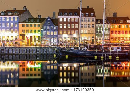 Copenhagen Nyhavn, New port of Copenhagen, at night in Denmark