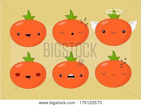 Tomato set of funny smiles. Fruit vegetables and food collection. Vector cartoon illustration. Cute stylish characters.