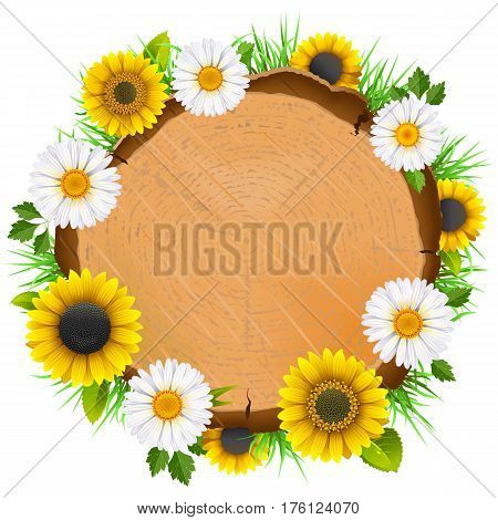 Vector Wooden Board with Flowers isolated on white background