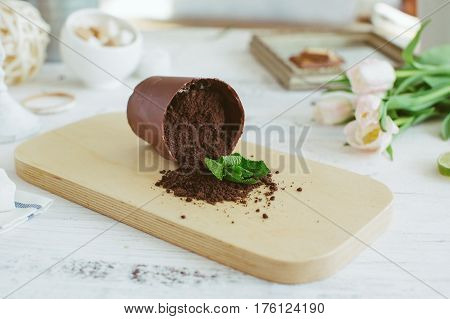 Chocolate Dessert In The Form Of A Fallen Flower Pot