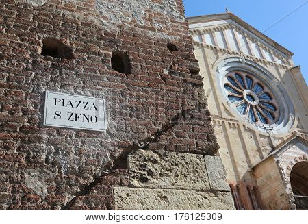 Ancient Basilica And The Word Piazza San Zeno In Verona Italy