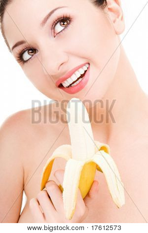 mulher bonita com banana isolado no fundo branco