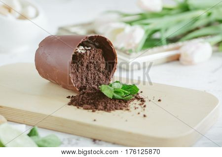Chocolate Dessert In The Form Of A Fallen Flower Pot