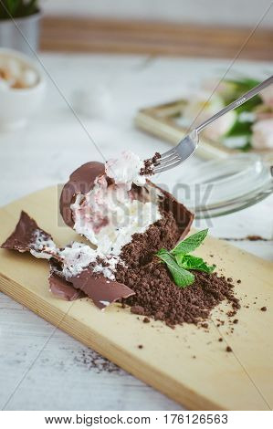 Chocolate Dessert In The Form Of A Fallen Flower Pot