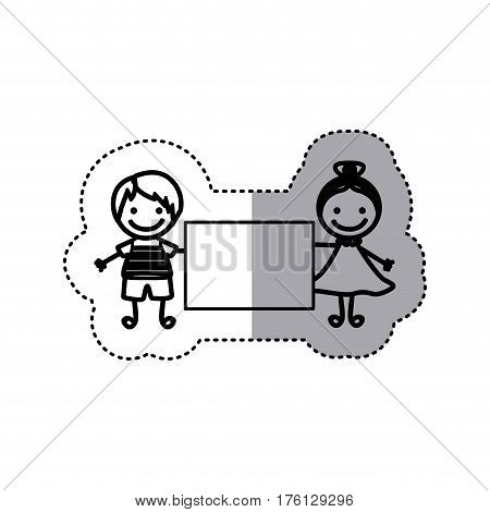 sticker sketch silhouette caricature couple boy with straigth hair and girl with collected hair and banner vector illustration