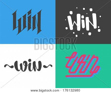 Win text sign test success message contest promotion banner competition and award lucky lottery word modern reward gamble champion vector illustration. Decoration label entry chance element.