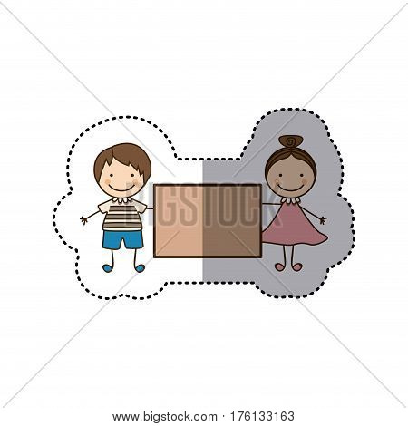 sticker colorful caricature couple boy with straigth hair and girl with collected hair and banner vector illustration