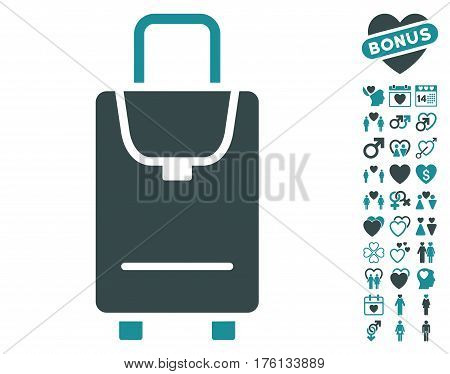 Carryon pictograph with bonus dating clip art. Vector illustration style is flat iconic soft blue symbols on white background.