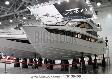 MOSCOW - MARCH 09 2017: Yacht Galeon 420 FLY for 10 International boat show in Moscow. Russia.