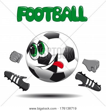 soccer ball on a white background smiling at the boots and runs and the inscription at the top football