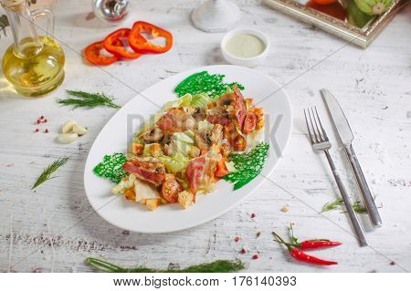 Salad With Bacon Mushrooms Greens And Cherry