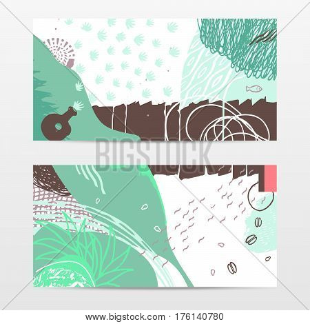 Set of abstract expressive web banners, green spring theme, popular horizontal web size