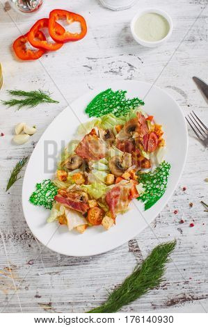 Salad With Bacon Mushrooms Greens And Cherry
