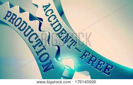 Accident-Free Production on the Mechanism of Metal Gears with Lens Effect - Communication Concept. Accident-Free Production on the Metallic Gears, Business Illustration with Lens Flare. 3D.