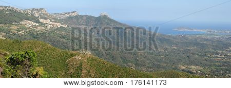 The village of Baunei and the coast at Arbatax on Sardinia island